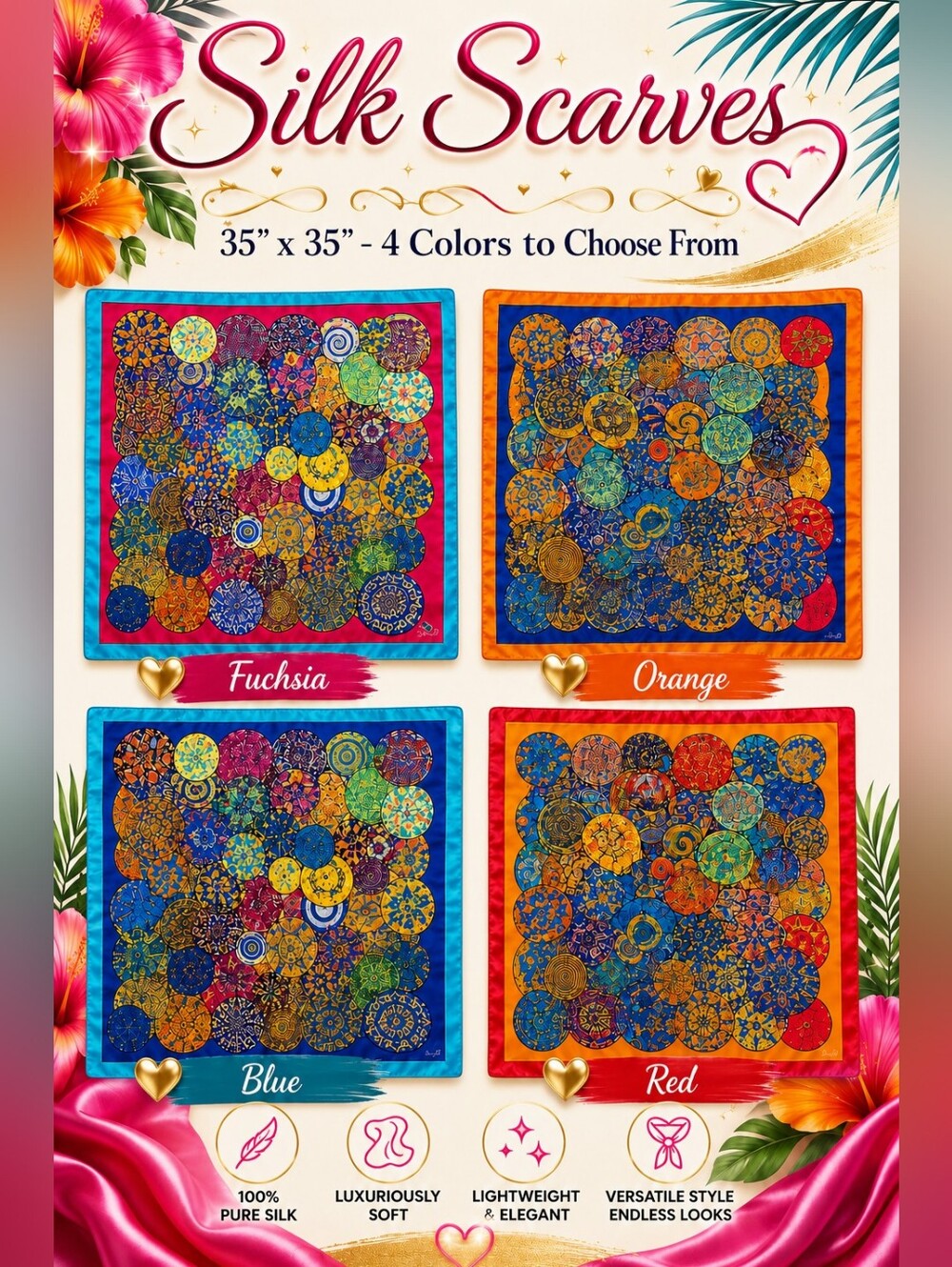 Silk Patterned Square Scarf - Fuchsia, Orange, Blue, Red Options